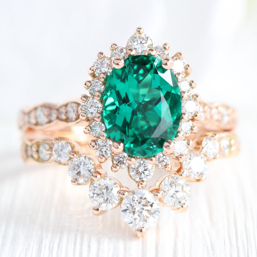 Large Oval Emerald Engagement Ring Rose Gold Cluster Halo Diamond Ring ...