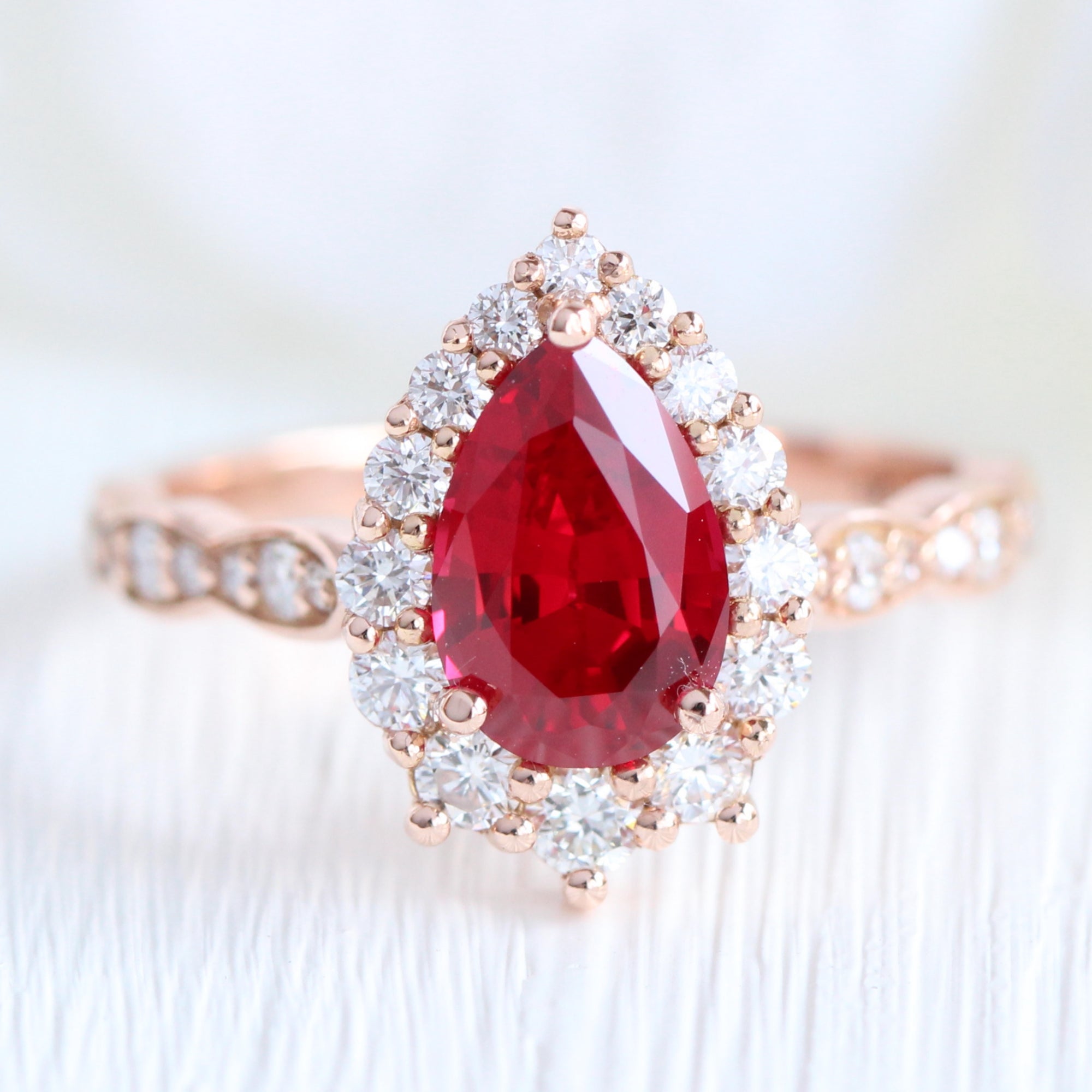 Large Pear Ruby Halo Diamond Engagement Ring Rose Gold Scalloped Band ...