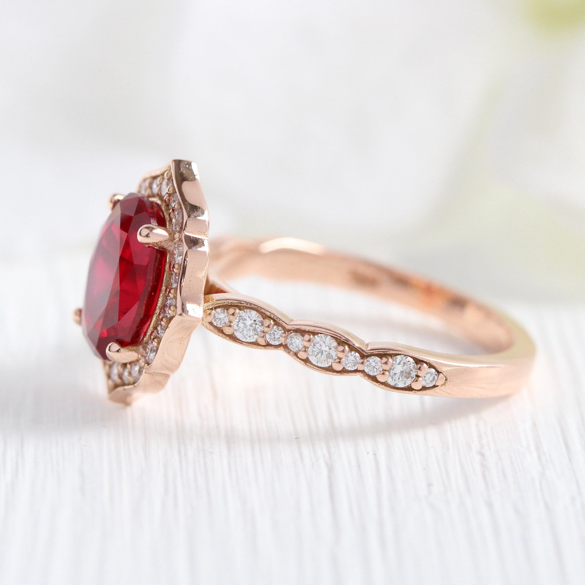 Large Oval Ruby Engagement Ring Rose Gold Vintage Halo Diamond Ring ...