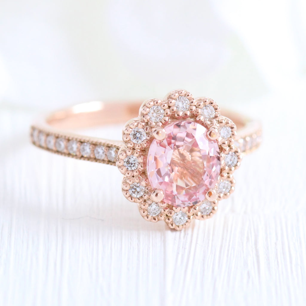 Vintage Luna Halo Diamond Peach Sapphire Engagement Ring in 14k Rose ...