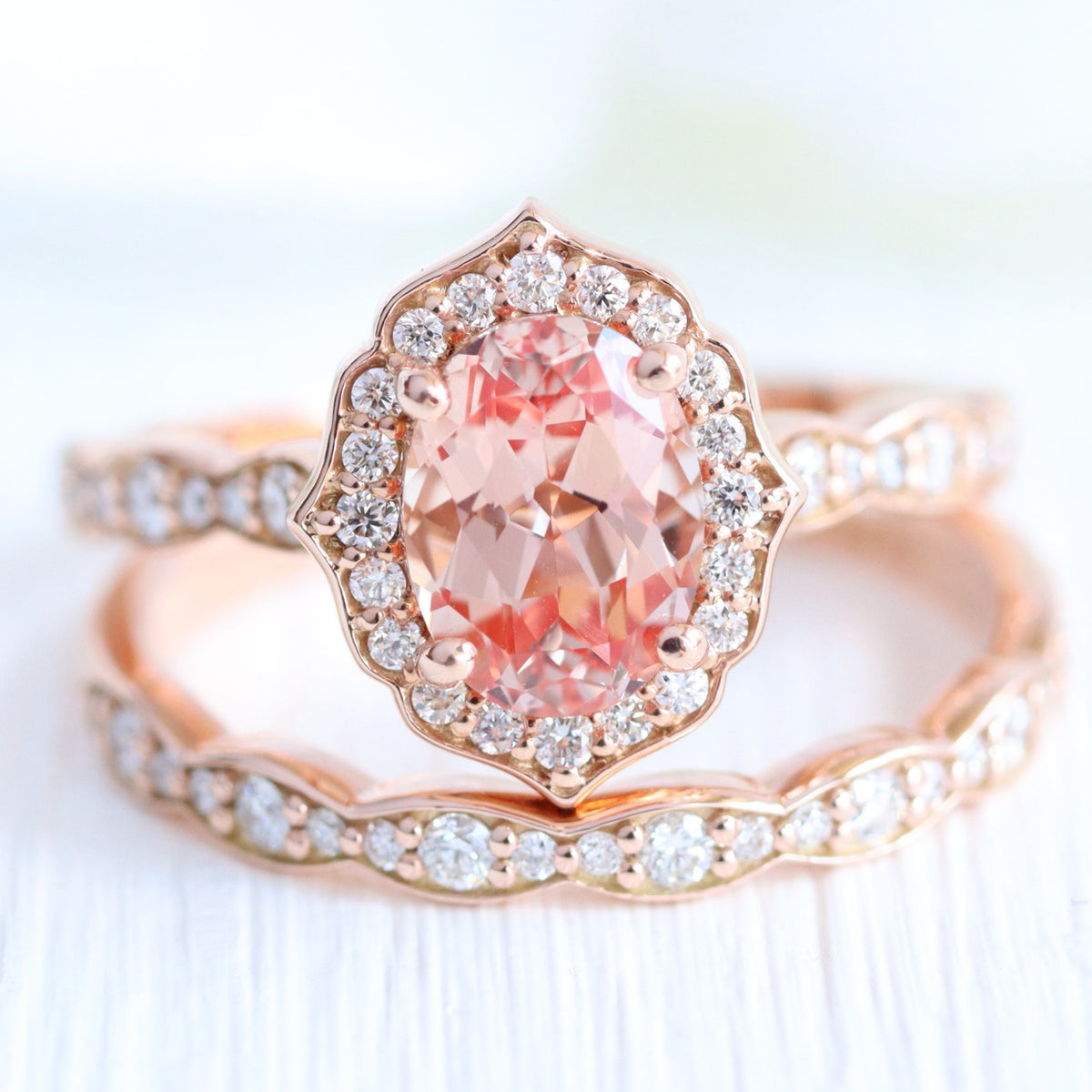 Oval Peach Sapphire Diamond Engagement Ring Gold Vintage Halo Ring | La ...