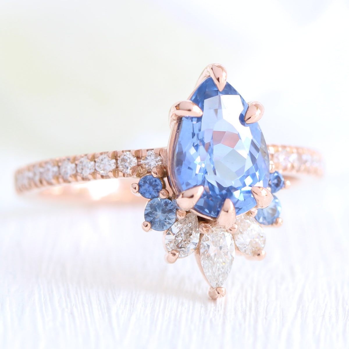 Pear Aqua Blue Sapphire Diamond Ring Rose Gold Cluster Peacock Ring ...
