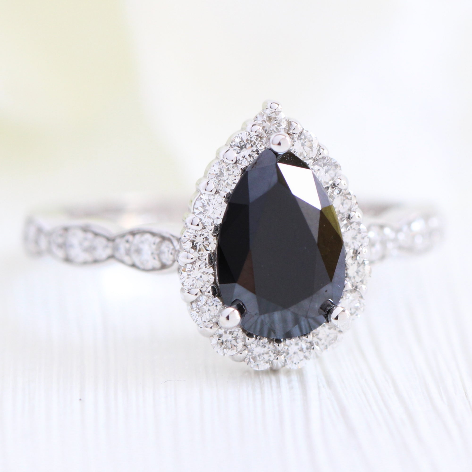 Natural Pear Black Diamond Engagement Ring Rose Gold Halo Diamond