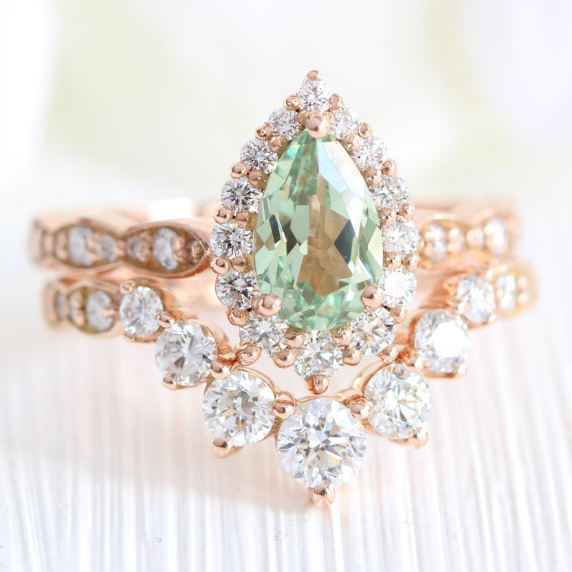 Pear Green Sapphire and Diamond Engagement Ring Rose Gold Halo Ring ...