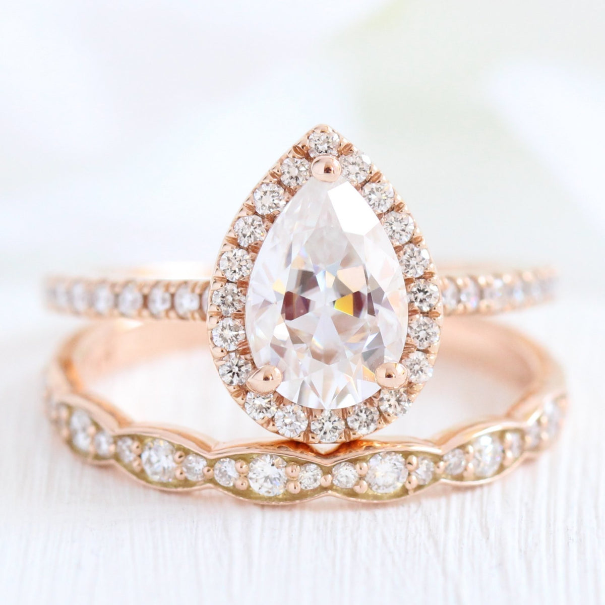 Halo Diamond Pear Moissanite Engagement Ring Rose Gold Cluster Ring ...