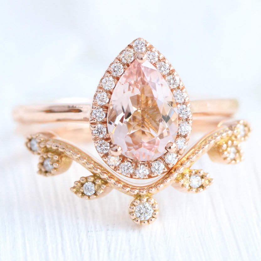 Pear Morganite Engagement Ring Rose Gold Halo Diamond Cluster Ring | La ...