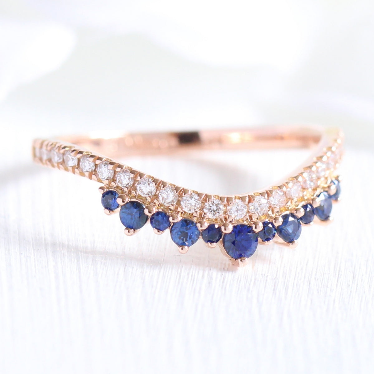 Sapphire and Diamond Wedding Ring Rose Gold Curved Crown Wedding Band ...