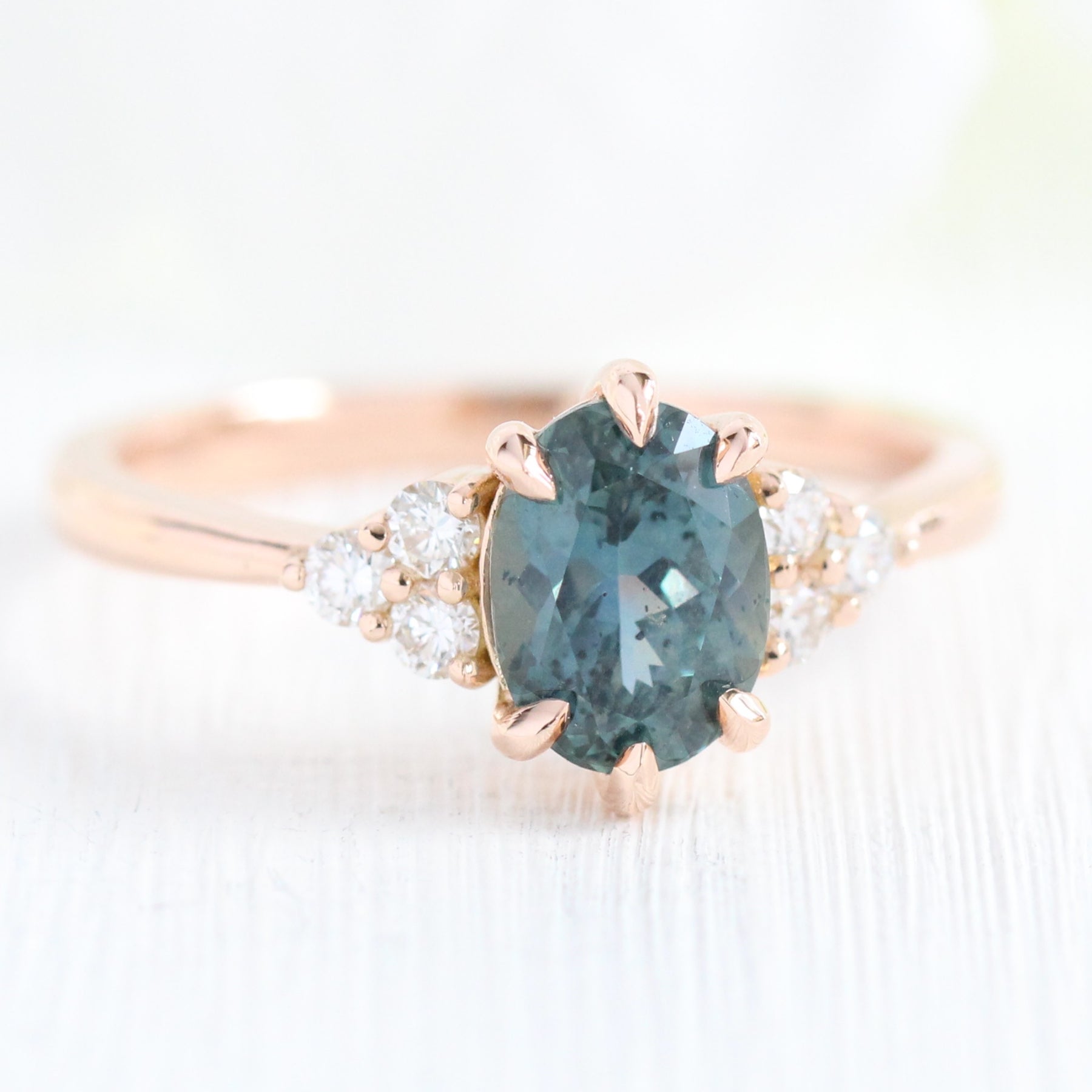 Teal Sapphire Engagement Ring Rose Gold 3 Three Stone Diamond Ring