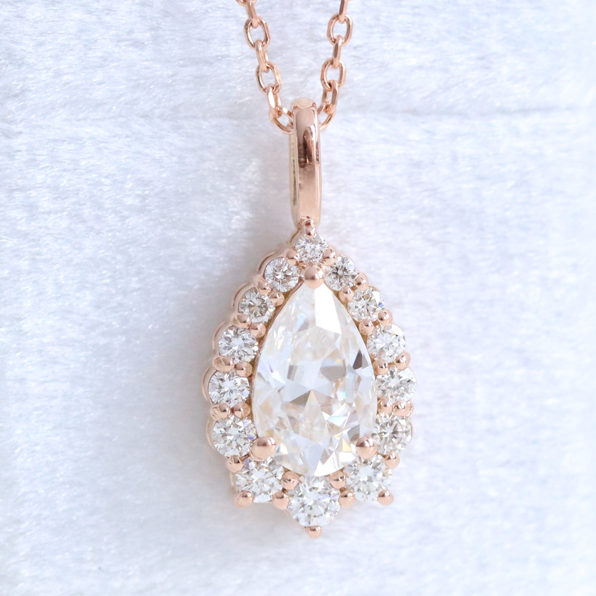Halo Diamond Necklace Rose Gold Pear Moissanite Pendant Layering Chain ...