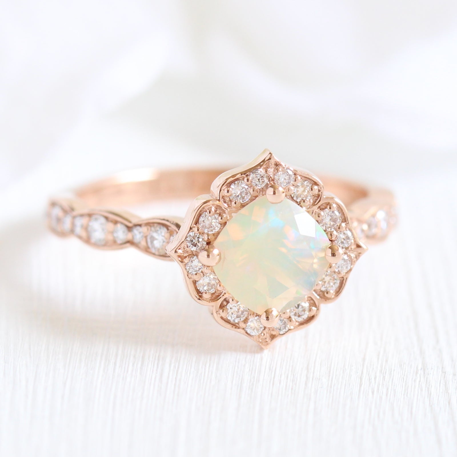 Mini Vintage Floral Ring  in Scalloped Band w Opal and 