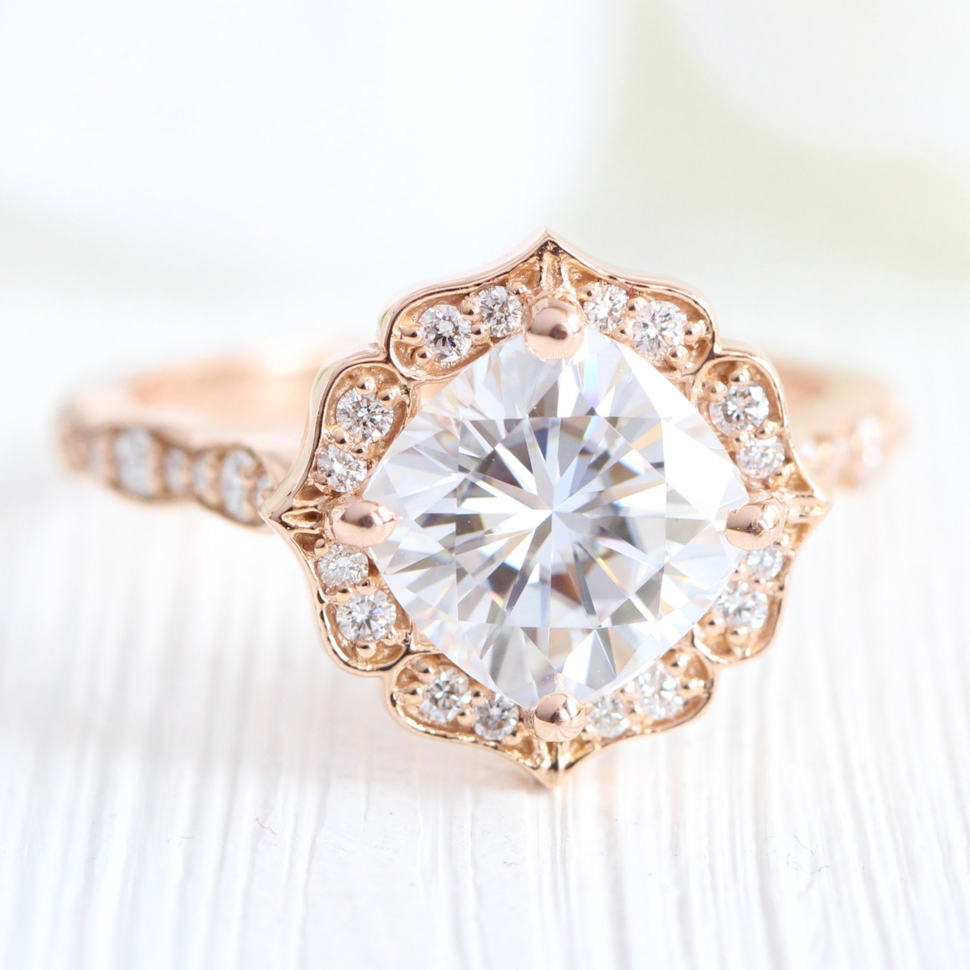 Large Moissanite Diamond Engagement Ring Rose Gold Vintage Halo Ring ...