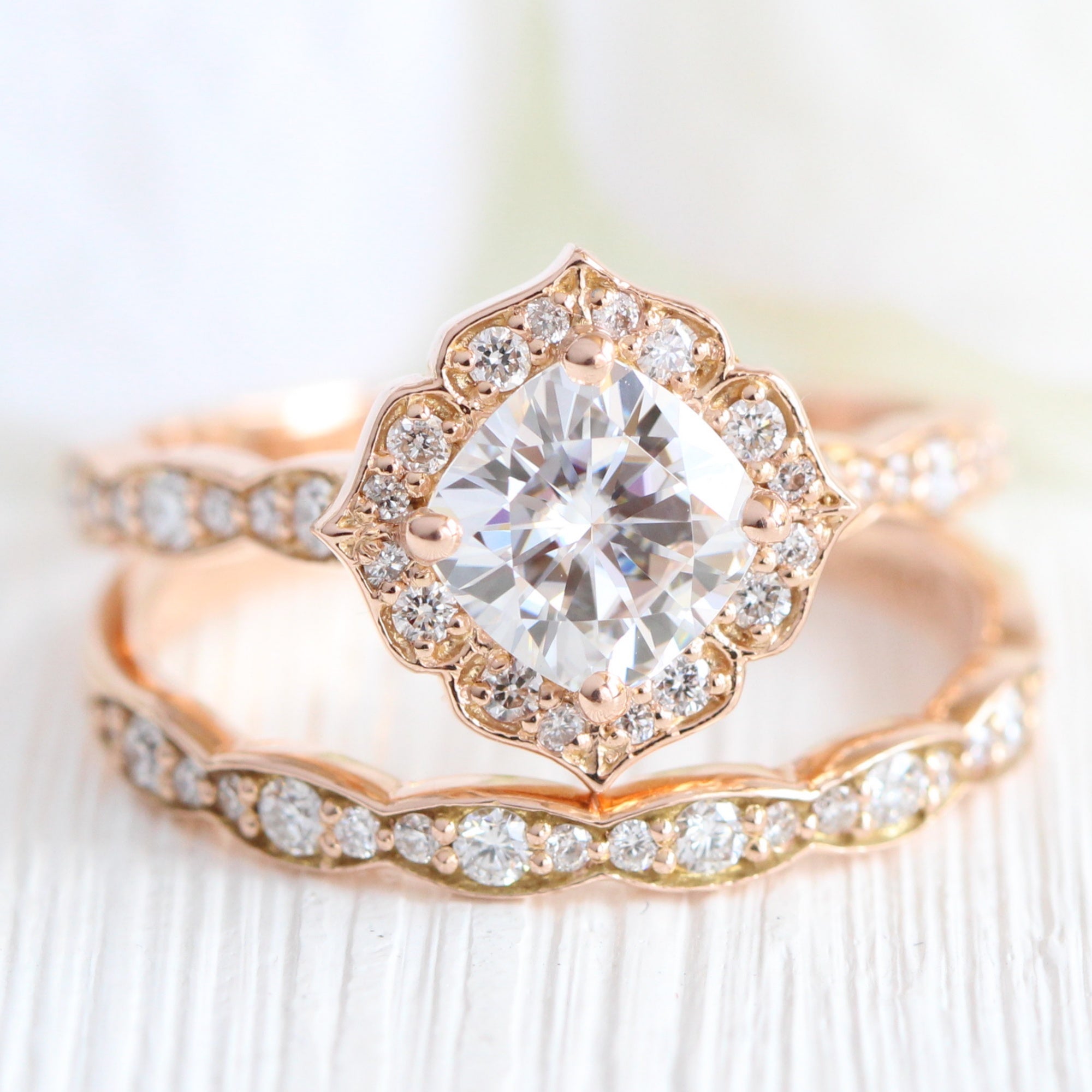 Cushion Moissanite Diamond Engagement Ring Rose Gold Vintage Halo Ring ...