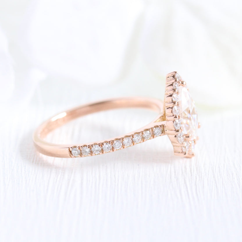 Pear Moissanite Halo Diamond Engagement Ring Rose Gold Pave Diamond ...