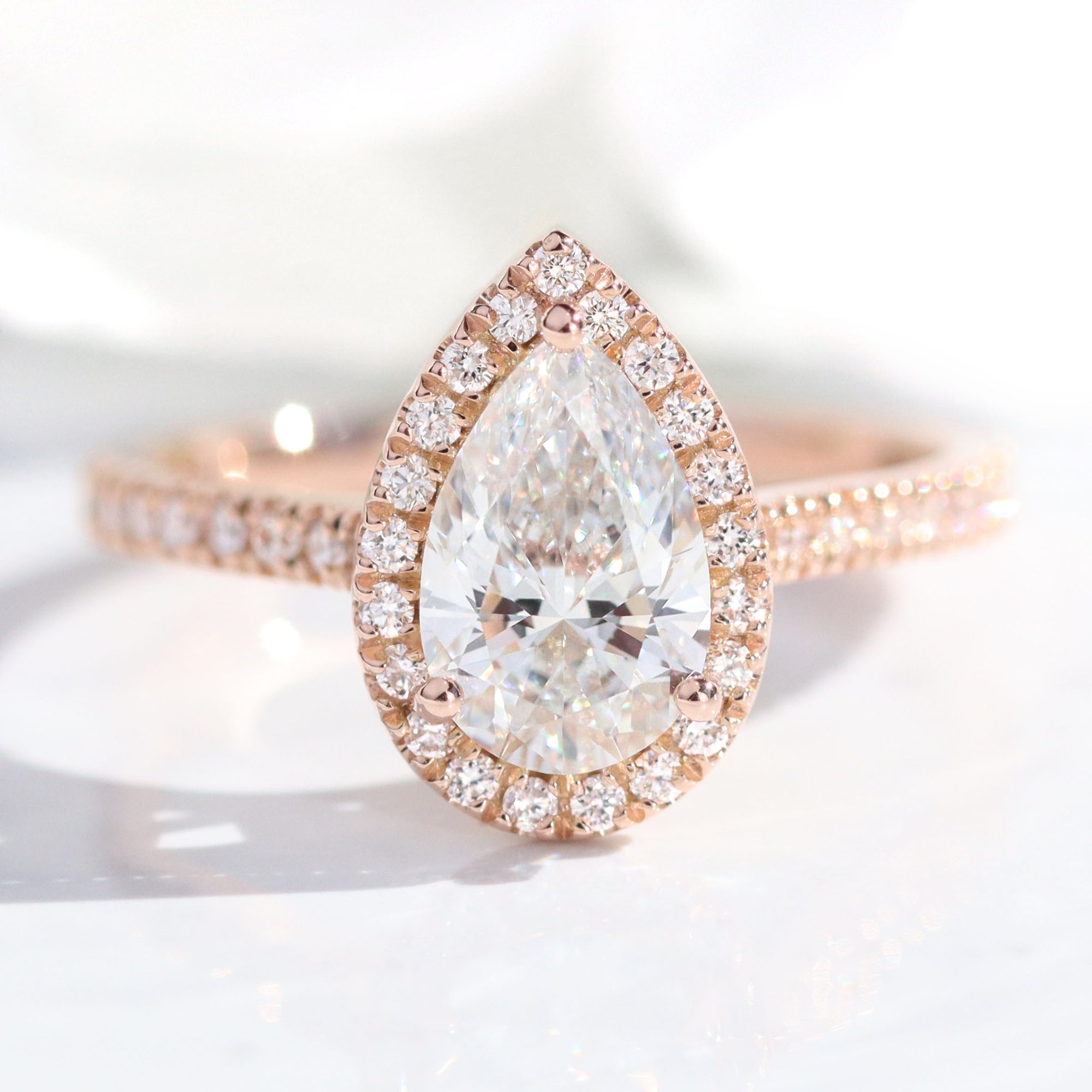 2 Ct Pear Lab Diamond Ring Stack Rose Gold Halo Pave Ring Bridal Set ...