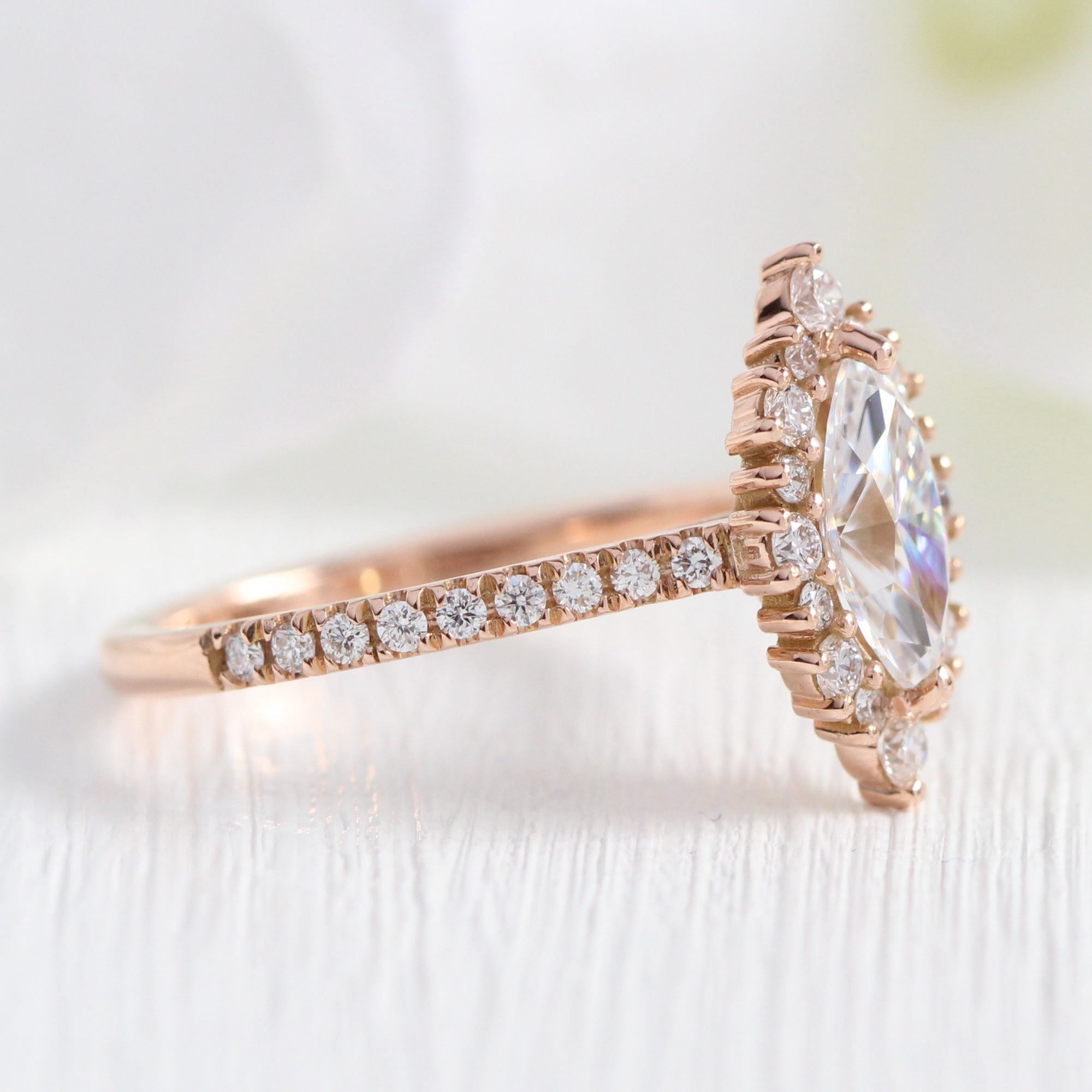 Marquise Moissanite Halo Engagement Ring Rose Gold Pave Diamond Band ...