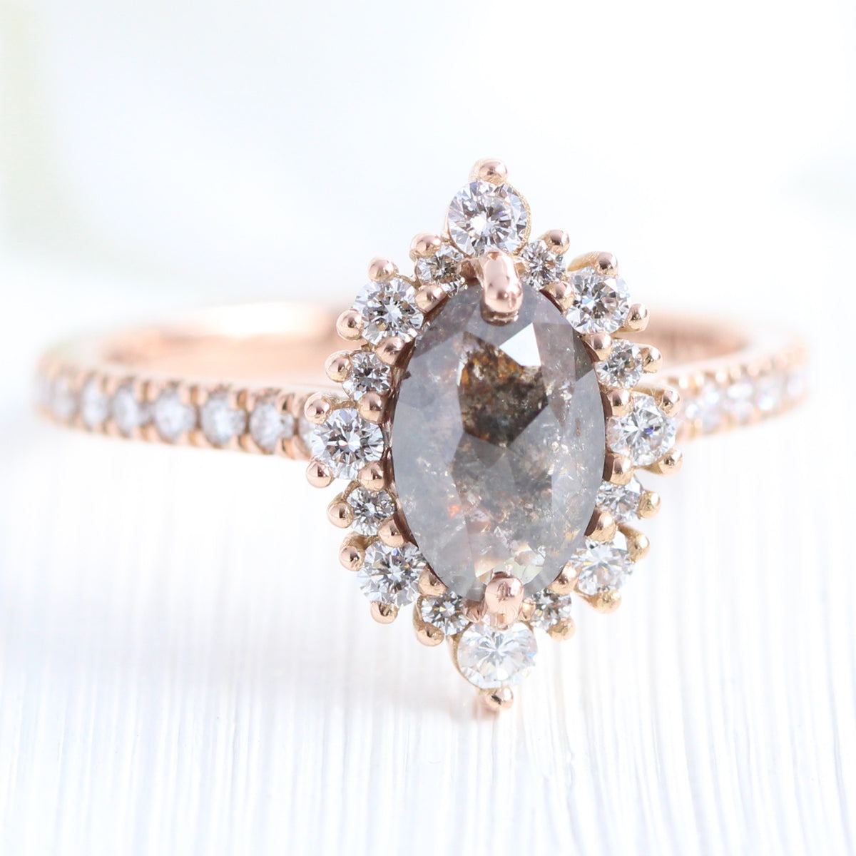 Marquise Salt and Pepper Diamond Engagement Ring Rose Gold Halo Ring ...