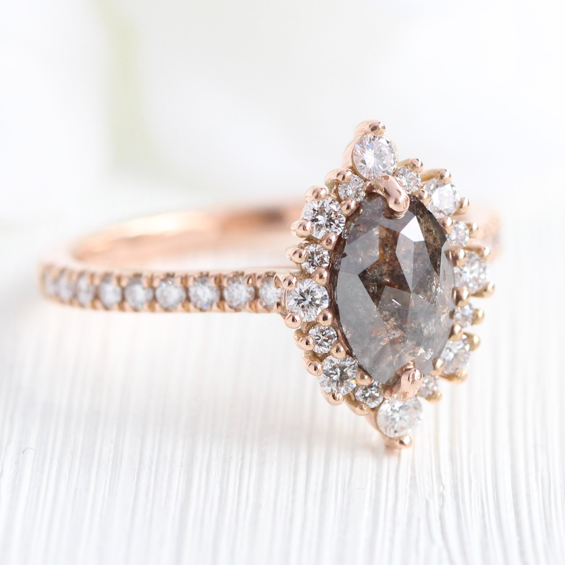 Marquise Salt and Pepper Diamond Engagement Ring Rose Gold Halo Ring