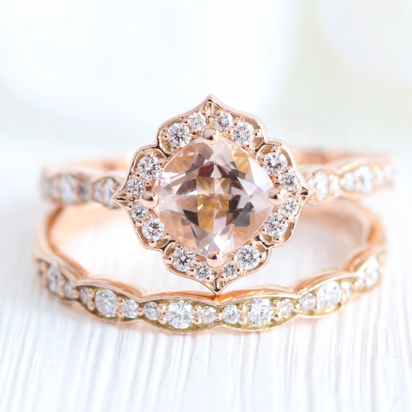 Rose Gold Morganite Ring Bridal Set in Mini Vintage Floral Diamond Band ...