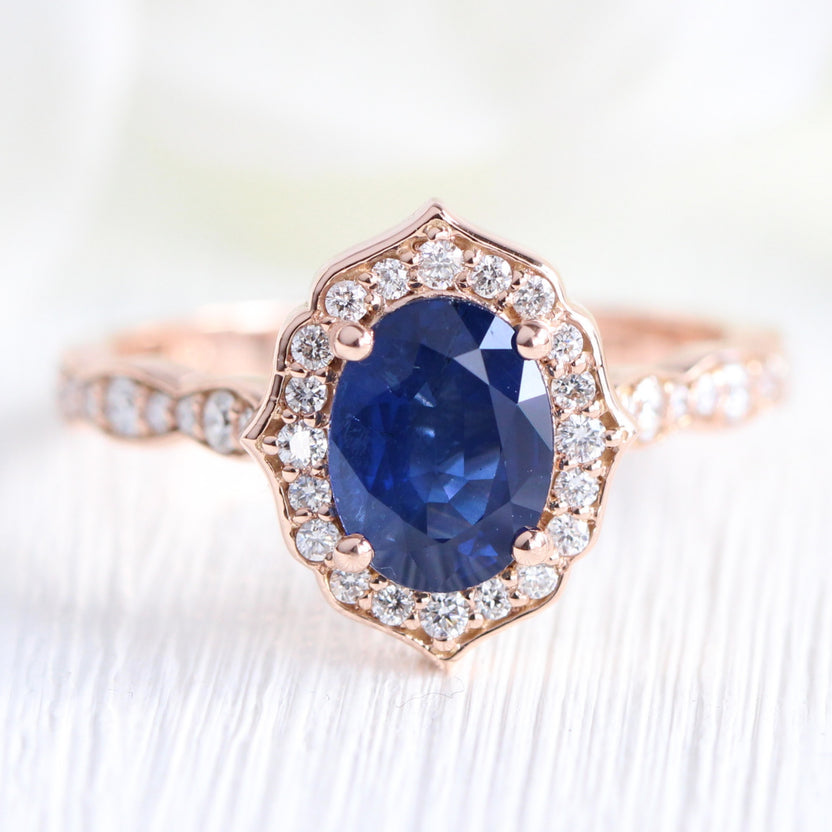 Natural Oval Sapphire Ring Rose Gold Vintage Halo Diamond Wedding Ring ...