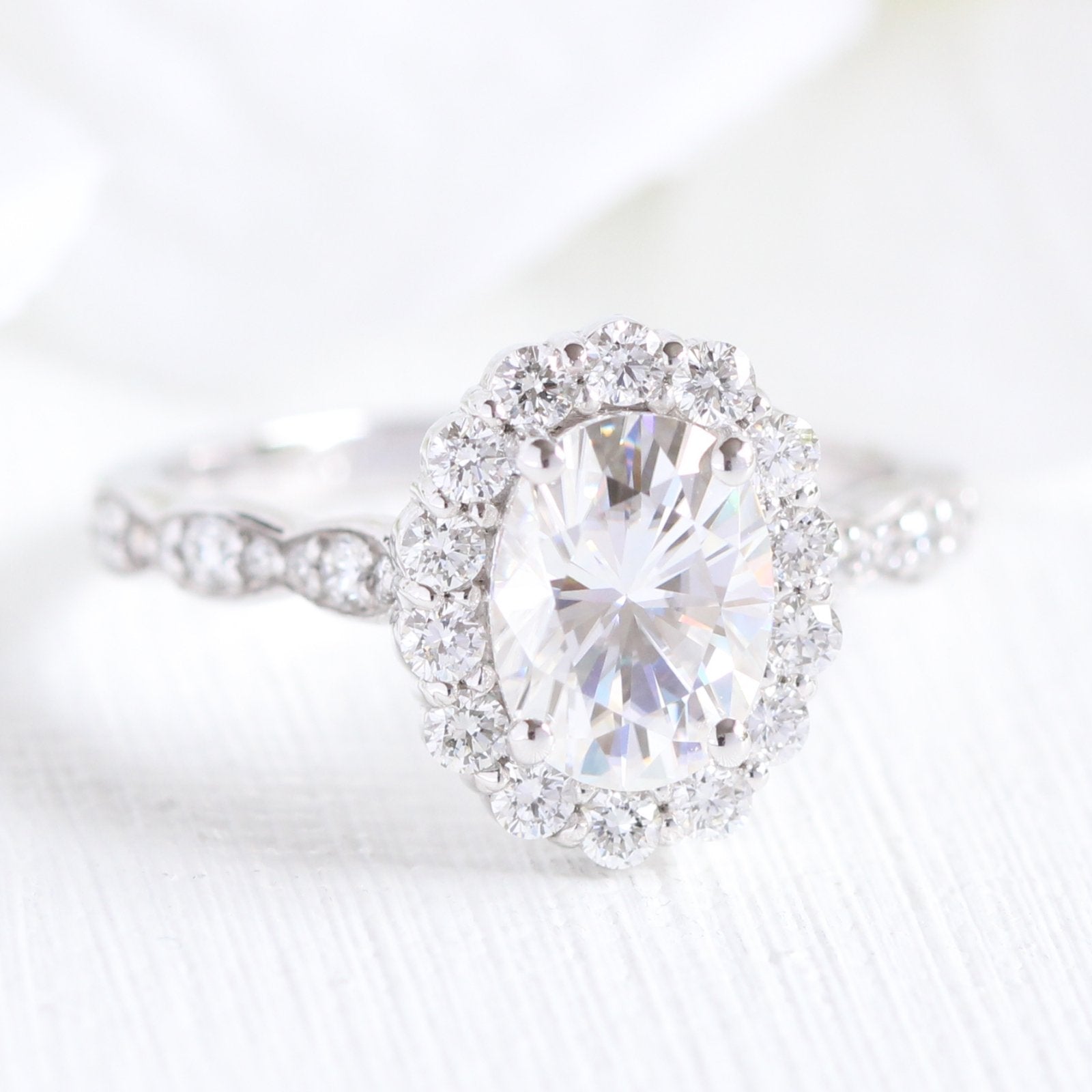 Halo Diamond Moissanite Engagement Ring Rose or White Gold Cluster Ring