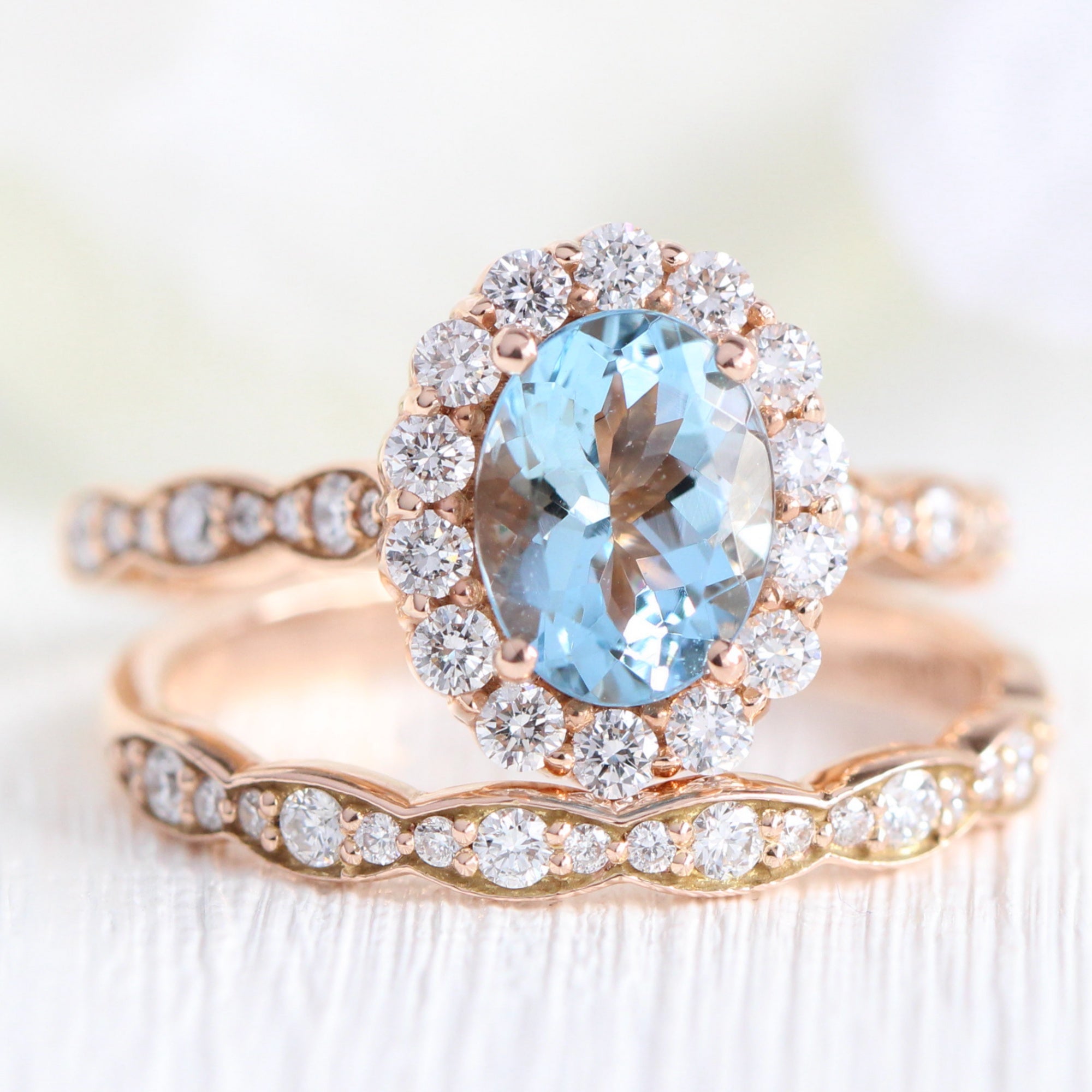 14k Rose Gold Diamond Band Oval Aquamarine Engagement Ring (Size 8)-