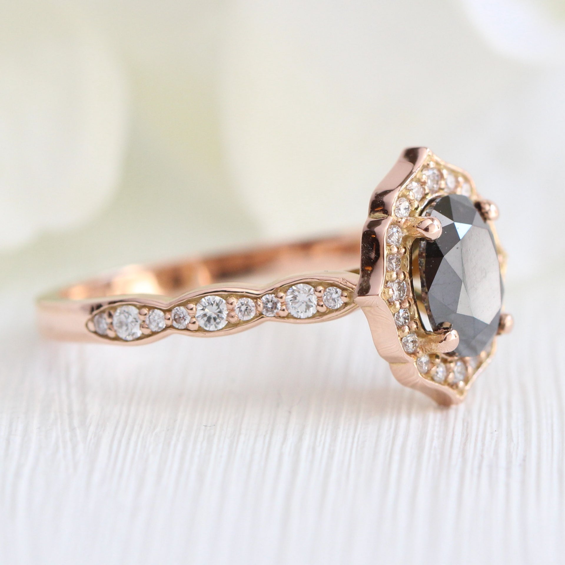 Natural Black Diamond Engagement Ring Rose Gold Vintage Halo Oval Ring ...