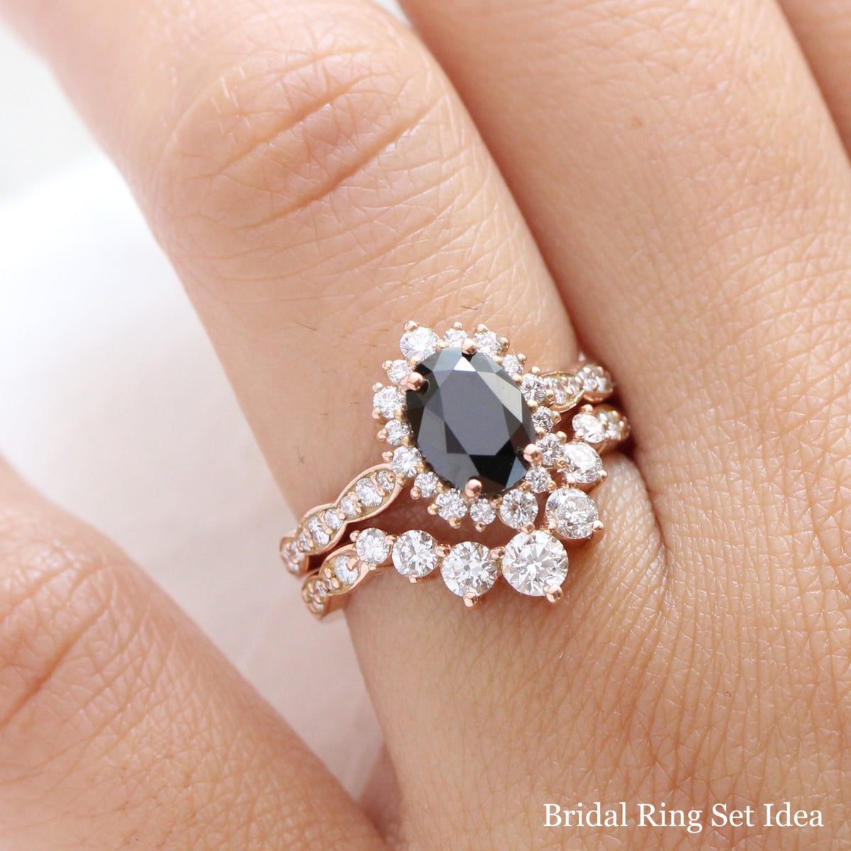 Black Diamond Engagement Ring Rose Gold Cluster Halo Diamond Oval Ring ...