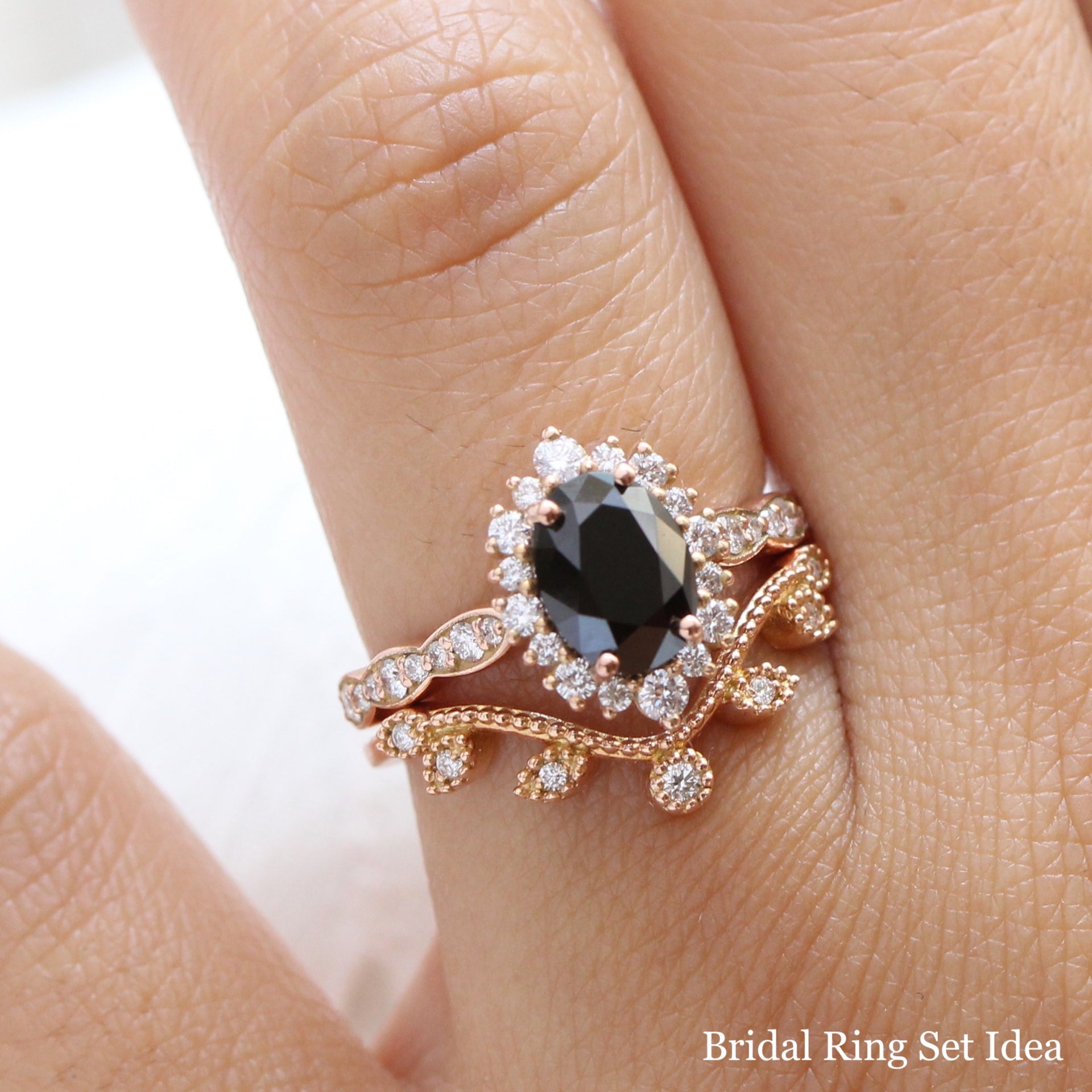 Black Diamond Engagement Ring Rose Gold Cluster Halo Diamond Oval Ring ...