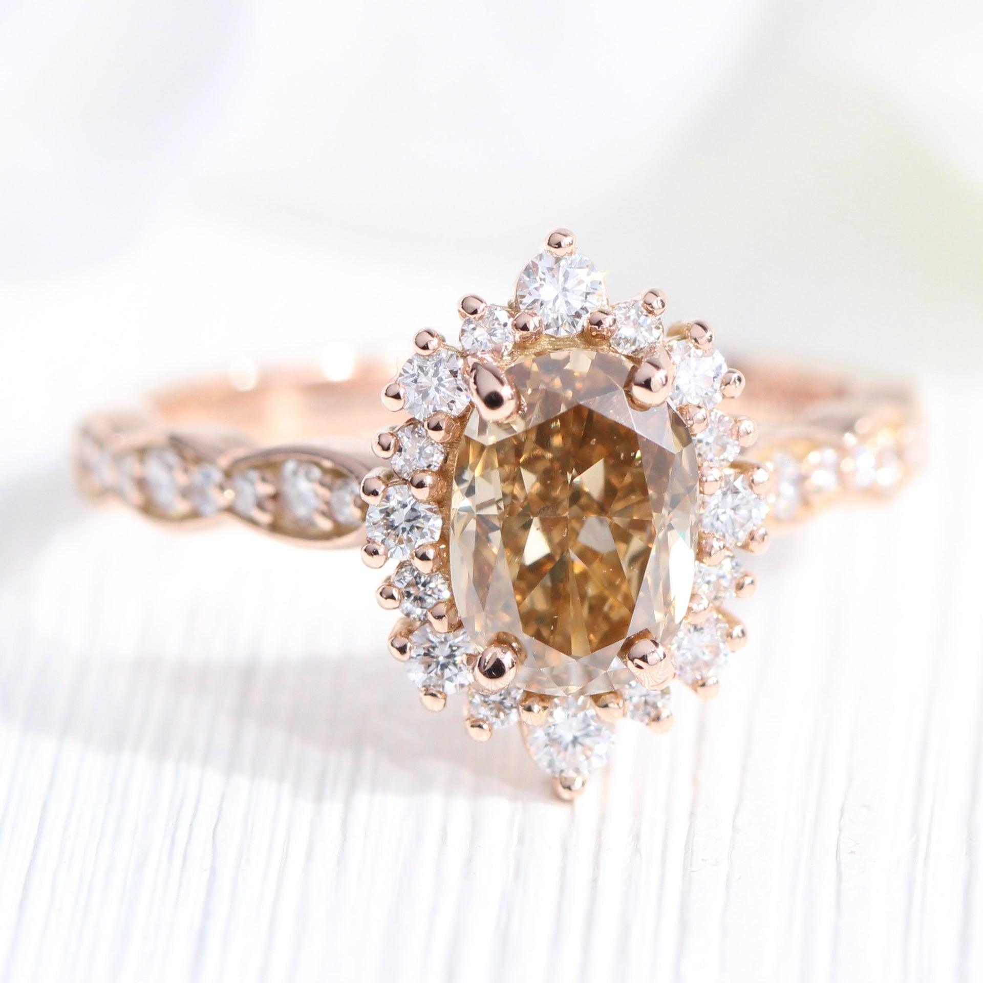 Natural Champagne Diamond Ring Rose Gold Halo Diamond Oval Ring | La ...