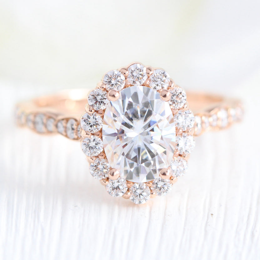 Halo Diamond Moissanite Engagement Ring Rose or White Gold Cluster Ring ...