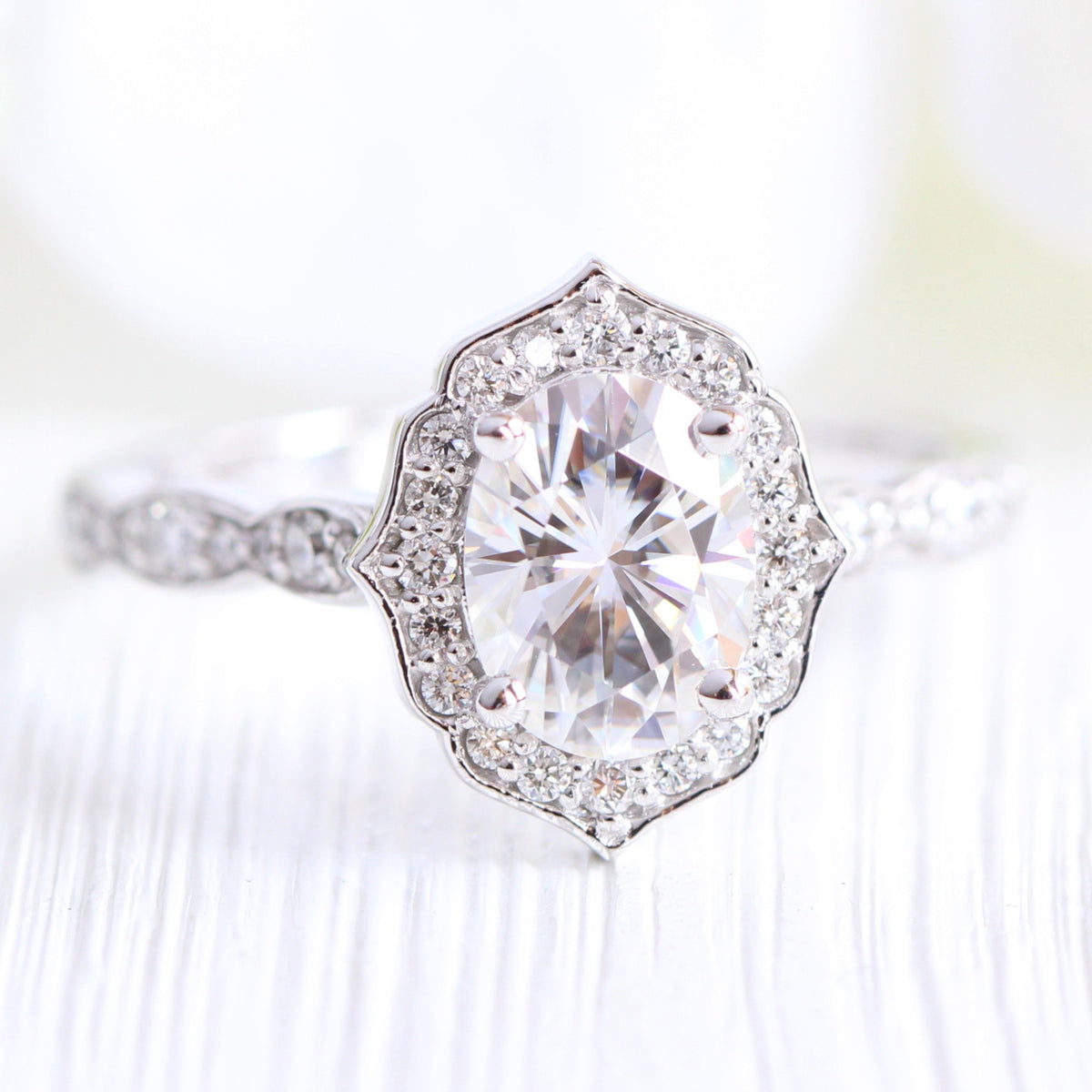Oval Moissanite Engagement Ring Rose Gold Vintage Floral Diamond Band ...