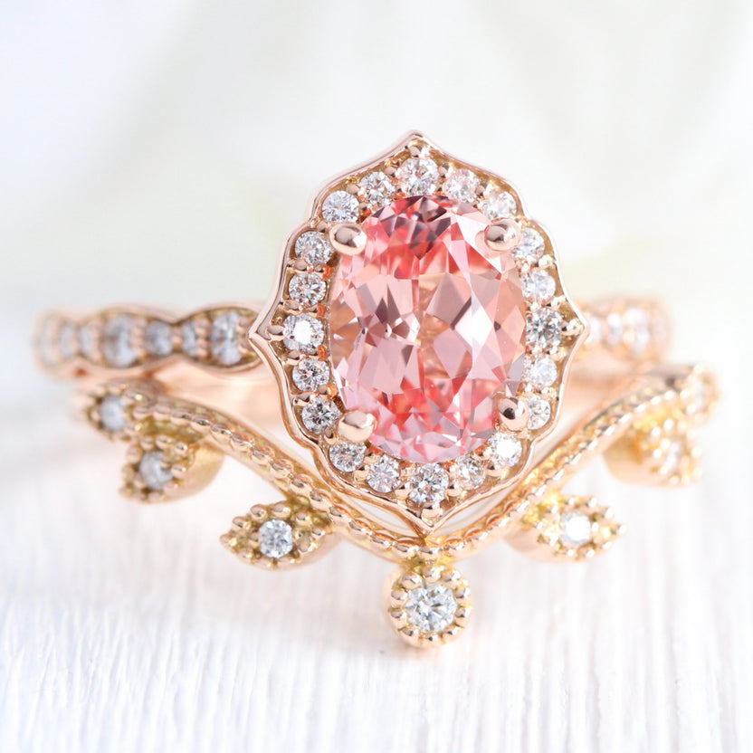 Oval Peach Sapphire Diamond Engagement Ring Gold Vintage Halo Ring | La ...