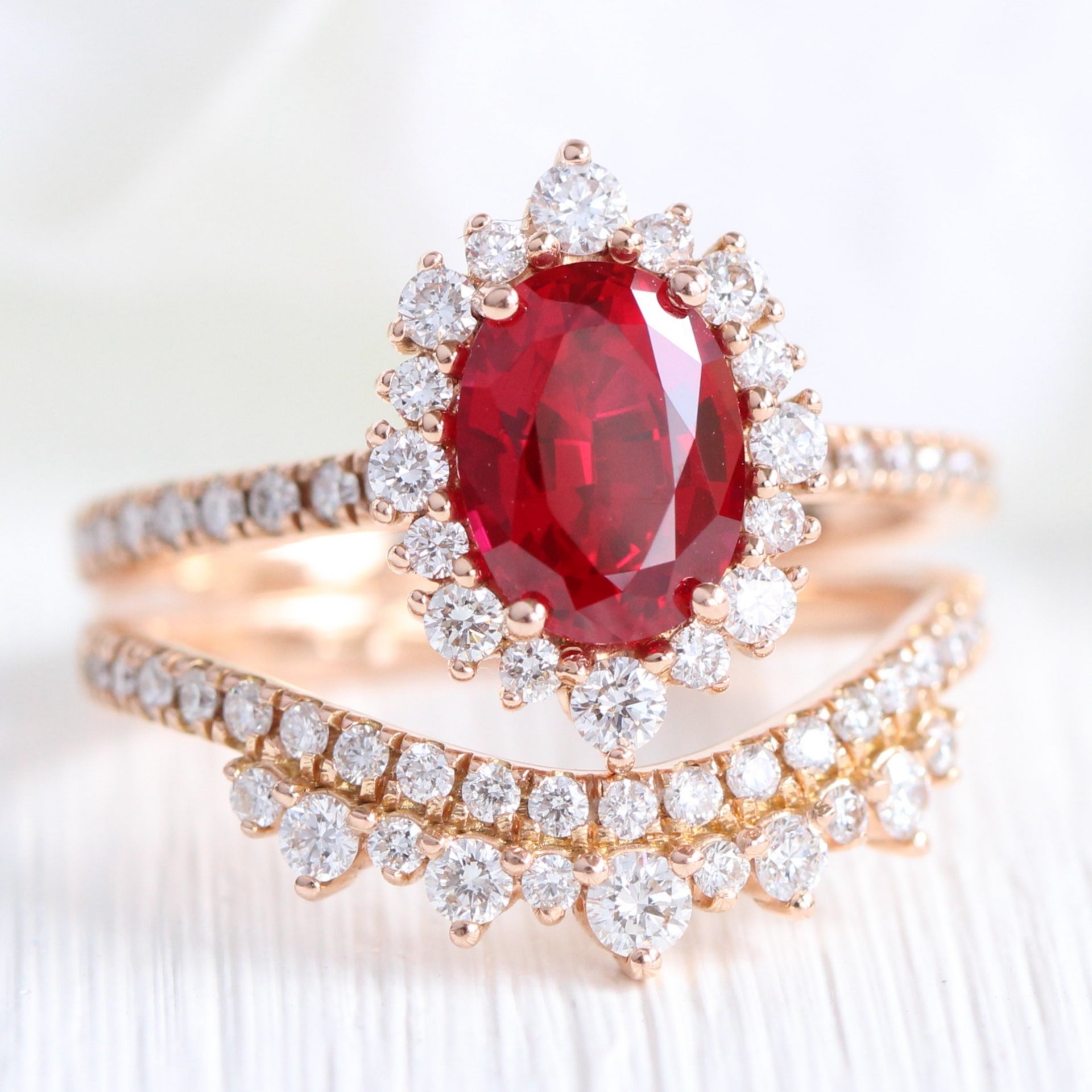 Halo Diamond Ruby Engagement Ring Rose Gold July birthstone Oval Ring ...