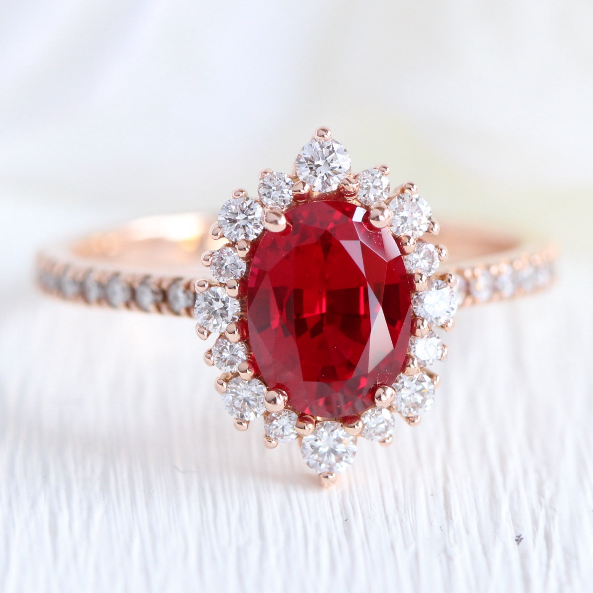 Halo Diamond Oval Ruby Engagement Ring Rose Gold Cluster Bridal Set ...