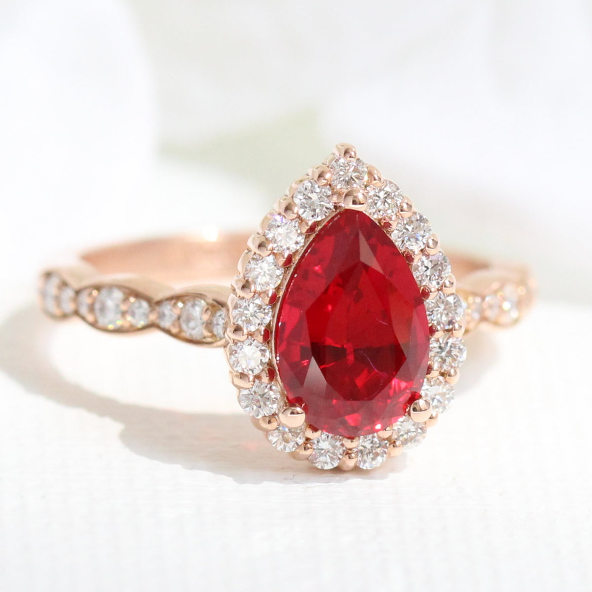 Pear Ruby Ring Halo Diamond Bridal Set Rose Gold Stack Wedding Band ...