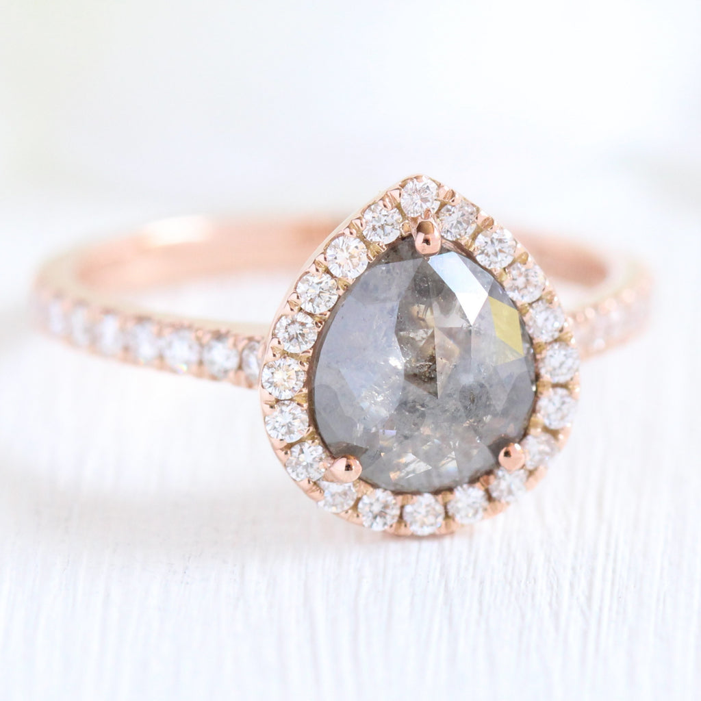 Pear Salt and Pepper Grey Diamond Halo Engagement Ring 14k Rose Gold
