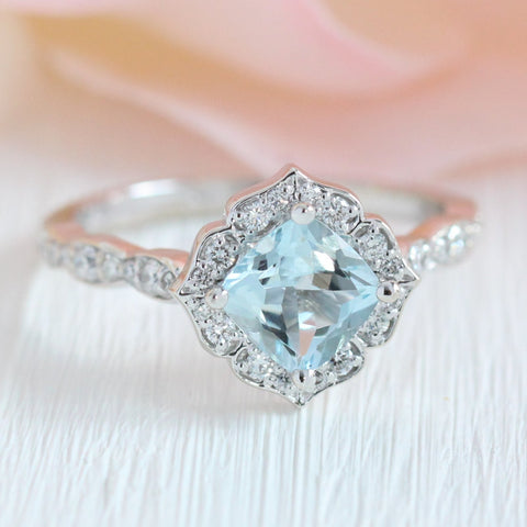 Mini Vintage Floral Ring in Scalloped Band w/ Aquamarine and Diamond ...