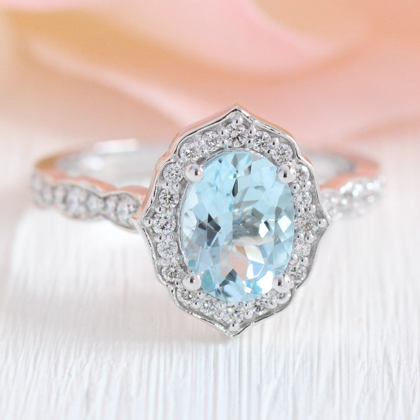 Oval Aquamarine Engagement Ring in Rose Gold Diamond Floral Band | La ...