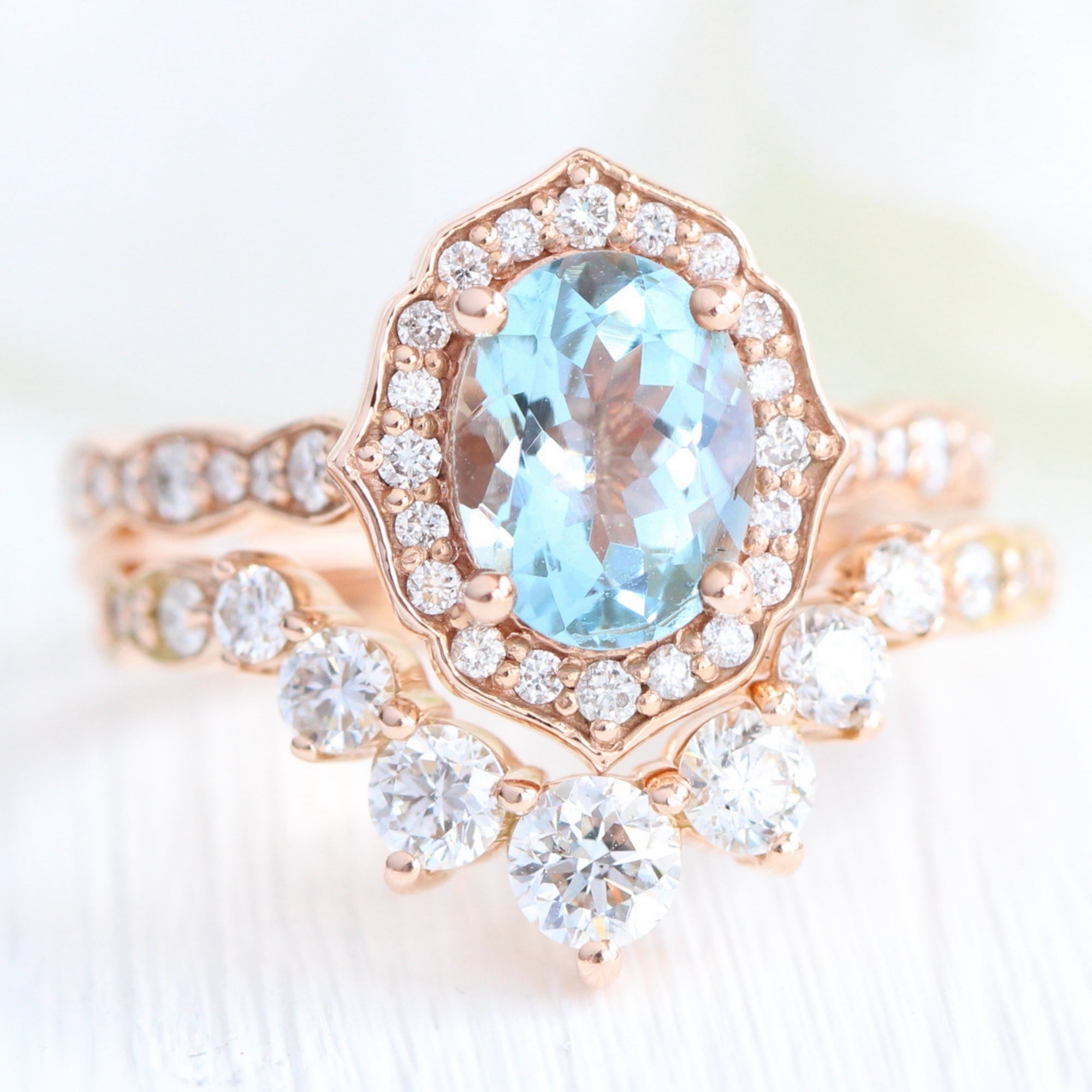 Oval Aquamarine Engagement Ring in Rose Gold Diamond Floral Band | La ...