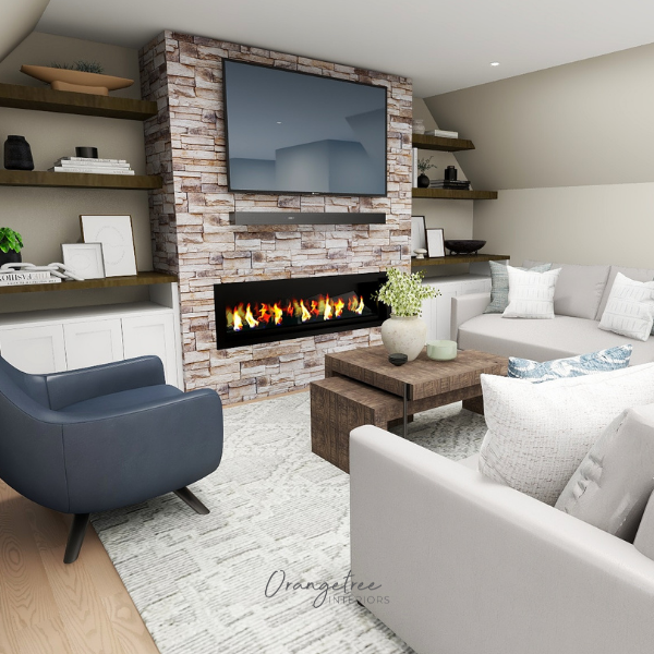 built-in fireplace and shelving games room