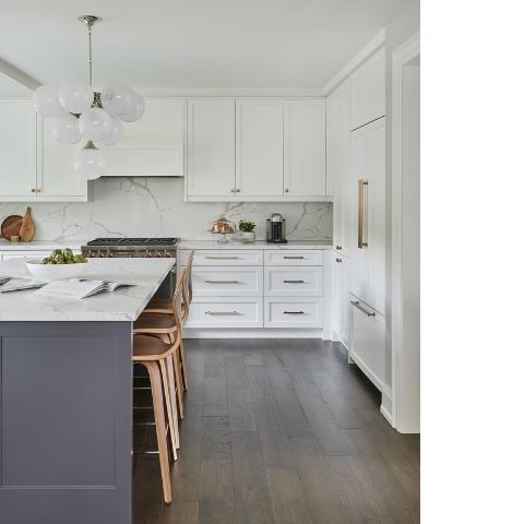 white kitchen with grey island