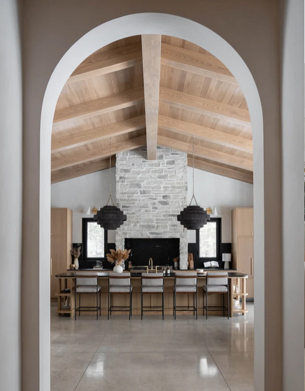 Kitchen with Stone Alcove and Wood Ceiling