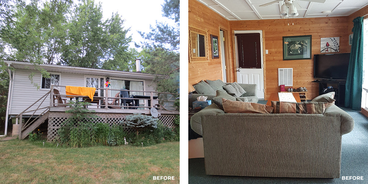 lakehouse cottage exterior and living room before