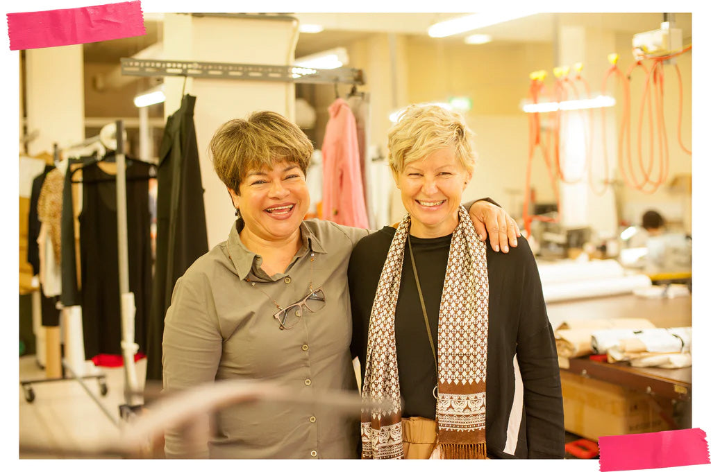 Lesley (designer) and Patti (maker) pictured together. Byfreer clothing is designed and made in ustralia.