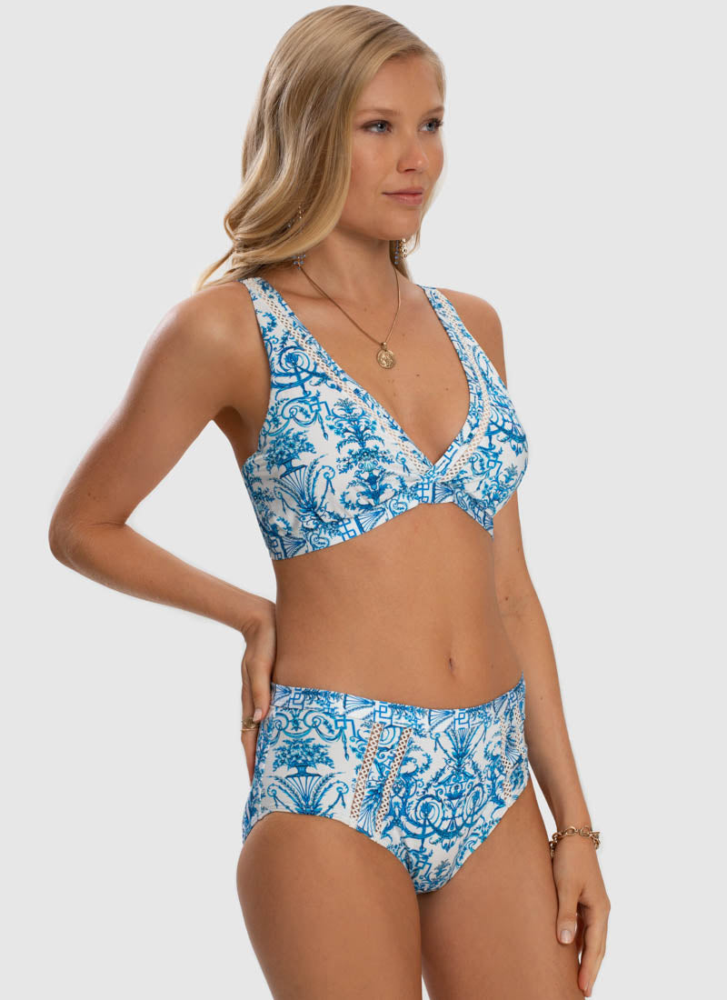 Navy Blue White Damask Floral Women Lace Up Beach Swimsuits Straps