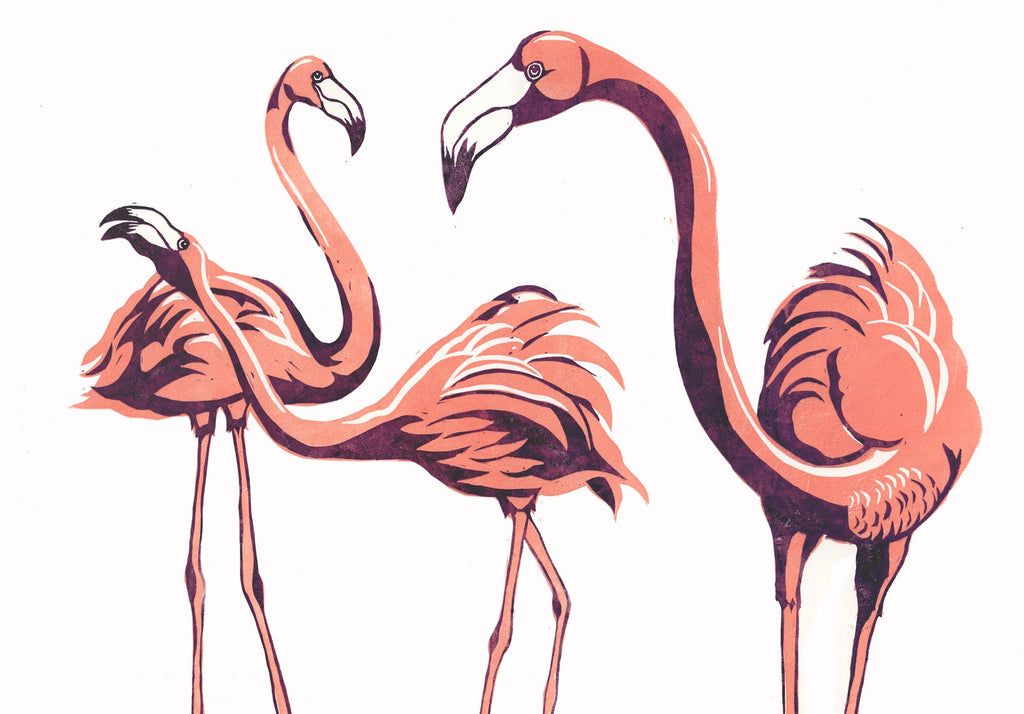 Flamingo Linocut - printed up at 3am!