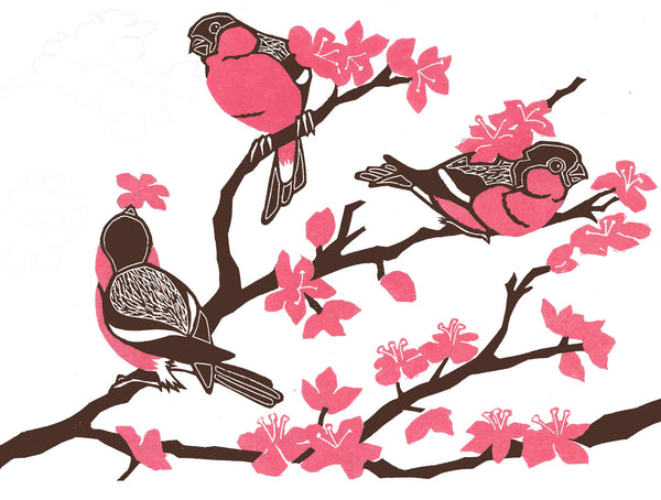 Pink and black linocut of bullfinches in cherry blossom