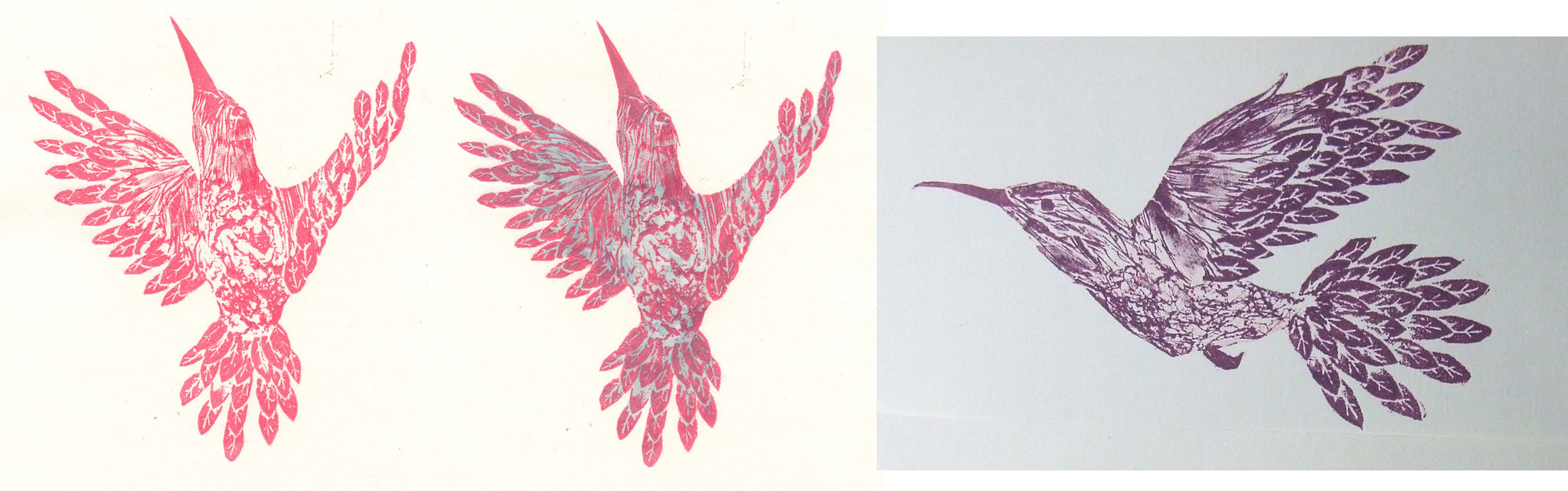 Pink and purple hummingbird collographs
