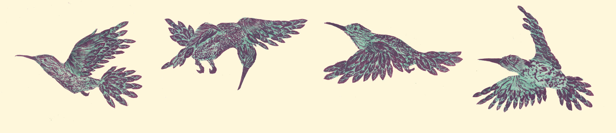 Purple and turquoise humming bird collographs