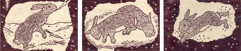 Final panels for Rabbits in Burrow linocut